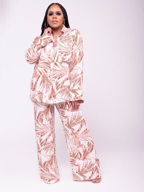 Palm Leaf Print Rayon Shirt Wide Leg Pant Set NWT Boho luxe Resort Size M euro